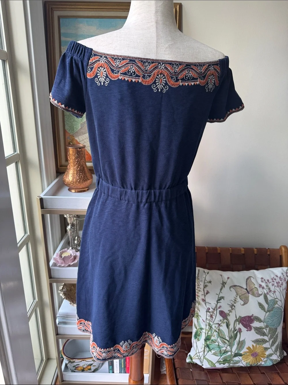 Tory Burch Navy Embroidered Off-Shoulder Dress with Coral and White Accents